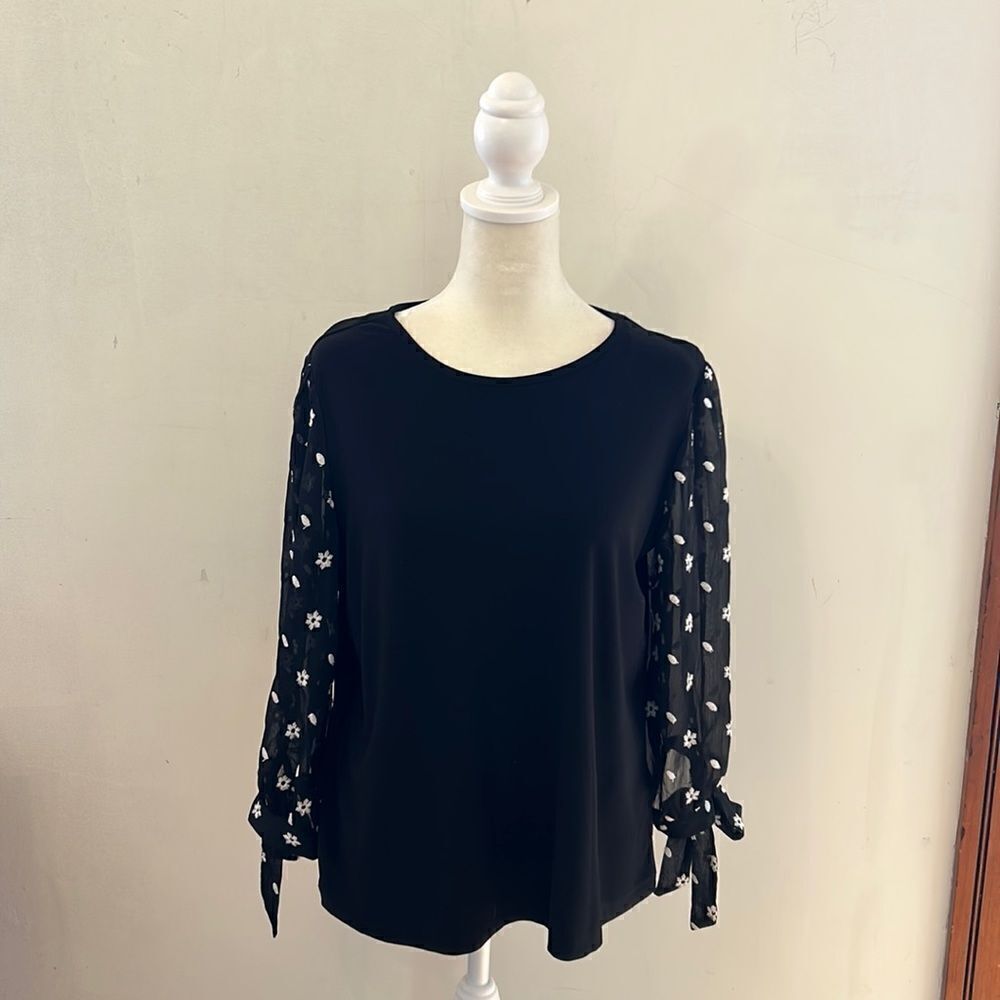 CeCe black blouse with sheer bottom tie and  flowers Size M
